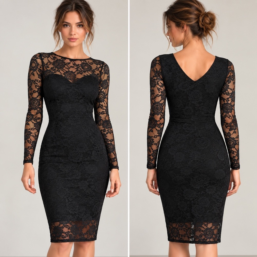 JUMP Apparel Black Floral Lace Long Sleeve Bodycon Dress Size 1/2 XS Y2K Goth